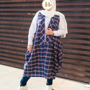 مانتو سایز بزرگ بدون آستین چهارخانه مدل 28005