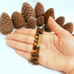 دستبند ست مردانه سنگ چشم ببر و حدید طلایی زیورآلات پسرانه اسپرت-84870