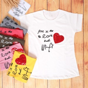 تیشرت نخ پنبه رنگ ثابت بدون پرزدهی طرح قلب پولکی